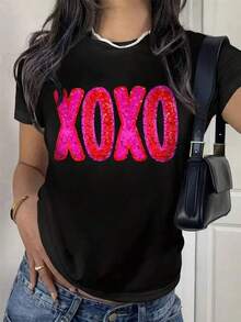 XOXO T-Shirt, Sequin Effect But It's Printed, Modern Design, Ideal For Everyday Use, Eye-Catching, Modern, Loose Fit, Round Neck, Short Sleeves, Ideal For Valentine's Day. - 黑色 - 查看 6