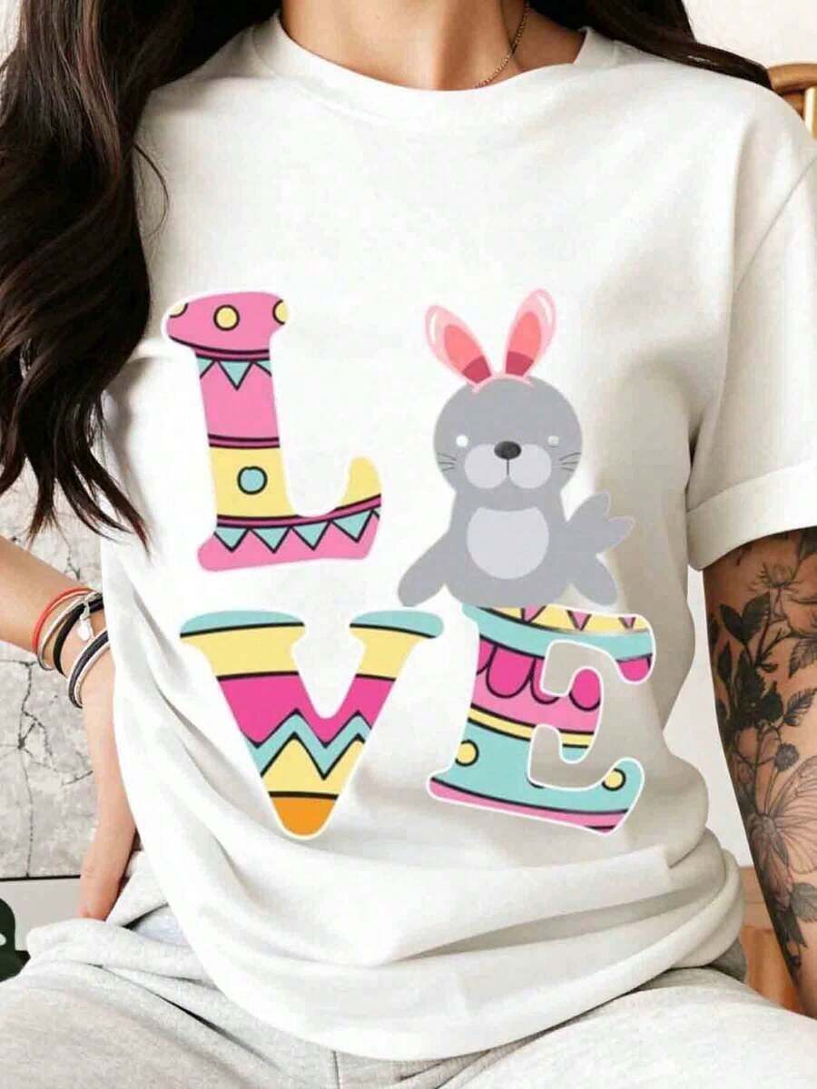 Women's Easter Bunny Print T-Shirt, Colorful And Modern Design, Casual Spring Style - White - View 1