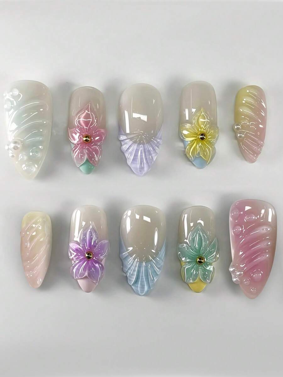 10片马卡龙色3D花朵贝壳形美甲贴纸,3D凝胶美甲贴纸,包含1瓶果冻胶和1把指甲锉,彩色亚克力美甲套装,贝壳法式美甲贴纸,Y2K甜美仙女风美甲,可重复使用的美甲用品,适合约会、派对、婚礼、度假,送给女孩的绝佳礼物 - 彩色 - 查看 1