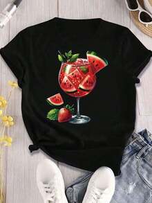 Women's Summer Graphic T-Shirt With Fruit Print (Watermelon And Strawberry) - Round Neck T-Shirt With Red And Green Fruit Print, Casual Stretch Top For Spring/Summer, Outfits For Everyday Wear And Parties - Women's Clothing, Seasonal Fashion, Fun Design, Comfortable Fit - 黑色 - 查看 1