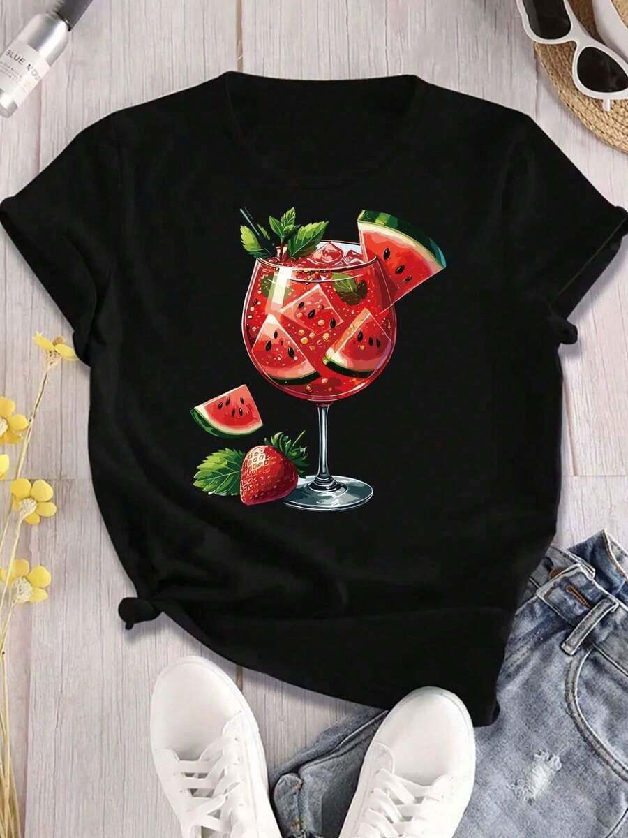 Women's Summer Graphic T-Shirt With Fruit Print (Watermelon And Strawberry) - Round Neck T-Shirt With Red And Green Fruit Print, Casual Stretch Top For Spring/Summer, Outfits For Everyday Wear And Parties - Women's Clothing, Seasonal Fashion, Fun Design, Comfortable Fit - 黑色 - 查看 1