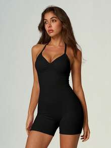 UONNOU Peach Butt Lifting Fitness Jumpsuit, Halter Neck V-Neck Ruched Front Yoga Jumpsuit - Black - View 5