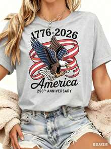 Women's Casual T-Shirt | United States Of America, 250th Anniversary Eagle And Flag Print, 1776-2026, Independence Day Celebration Clothing, Crew Neck, Regular Sleeves, Slightly Stretchy Fabric, Breathable For Summer - 灰色 - 查看 1