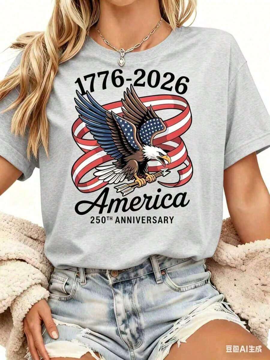 Women's Casual T-Shirt | United States Of America, 250th Anniversary Eagle And Flag Print, 1776-2026, Independence Day Celebration Clothing, Crew Neck, Regular Sleeves, Slightly Stretchy Fabric, Breathable For Summer - 灰色 - 查看 1