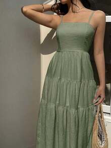 Vestido con escote de tubo plisado de tela texturizada color melocotón claro, con tirantes finos, cintura suelta, estilo relajado para vacaciones - Verde Oliva - Ver 4