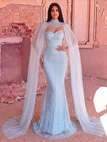 Faeriesty Rochie elegantă de seară, fără bretele, model sirenă, cu mărgele, cu pelerină din plasă, set din 2 piese, elegantă pentru petrecere și nuntă - Bleu - Vizualizare 4