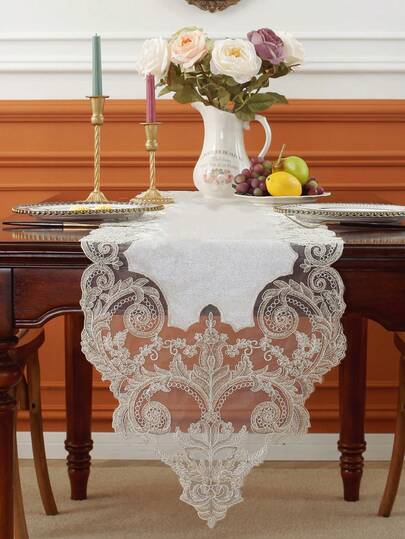 1pc 100% Polyester Embroidered Table Runner, Luxury Royal Style Table Cloth, Home Decor Dust Cover Towel, Indoor Outdoor Party Wedding Holiday Decoration, Multiple Sizes Available