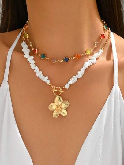 2pcs/Set Bohemian Style Double-Layer Necklace, Fashion Colorful Four-Leaf Clover Crystal & White Bead Flower Pendant Decoration, Suitable For Daily Wear, Summer Holiday, Date, Party, Music Festival. The Color Arrangement Of The Colorful Crystals Is Random.