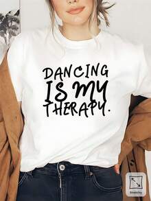 Limited Edition Women's T-Shirt With "Dance My Relaxation" Print | Soft And Casual, Round Neck, Short Sleeve, Mustard Yellow Color, Lightweight And Breathable, Round Neck, Slightly Elastic Fabric, Geometric Pattern, Casual Spring/Summer Style, Lightweight Cotton. - 白色 - 查看 8