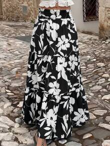 Falda larga y plisada a cuadros para mujer EARO, de tela no elástica, con cintura elástica, falda larga a cuadros para vacaciones - Blanco y Negro - Ver 3