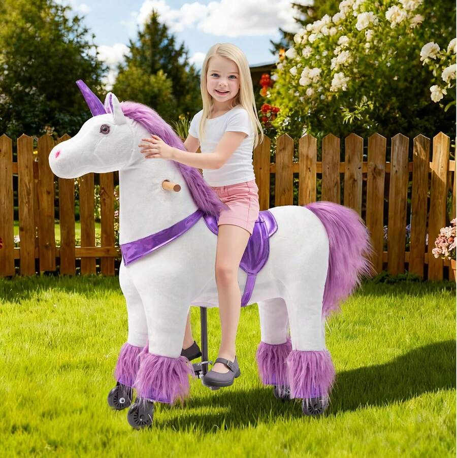 Mechanical Walking Plush Ride-On Horse Toy, Battery-Free No Power Needed; Medium For Ages 4–9 (Max 165 LBS), Large For Ages 7 To Adult (Max 187 LBS) - Purple - View 1