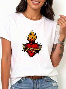 Women's T-Shirt With Sacred Heart Print - Casual Summer Short-Sleeve Crew Neck Top With Sacred Heart | Machine Washable, Suitable For Streetwear, Layering, And Everyday Wear | Not A Blouse Style For All Body Types - 白色的 - 查看 1