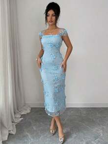 Vestido midi de mujer con cintura fruncida, elegante y romántico, con bordado de malla, adecuado para la temporada de bodas, fiestas, citas y salidas casuales en primavera/verano - Azul - Ver 6