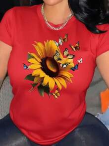 New 2026 Camiseta Casual de Mujer con Estampado de Girasol y Mariposa Negra - Cuello Redondo, Manga Corta para Primavera Verano, Lavable a Máquina, Ropa Cómoda para Vacaciones 1  Sexy  Casual  Dulce  Fiesta  Elegante    Alta elasticidad  Playa  Noche de fiesta  Vacaciones  Boda    verano  Gráfico de corazón - Rojo - Ver 6