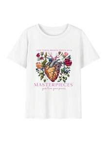 Esta camiseta de manga corta y cuello redondo, de corte holgado, es ideal para el verano. Presenta un estampado de rosas y corazones rotos, perfecta para vacaciones, la oficina, salidas, el día a día, citas, fiestas, reuniones y para un estilo urbano. Es una prenda versátil de estilo casual y deportivo, ideal como regalo para diversas ocasiones. - Blanco - Ver 2
