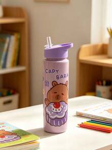 1pc 750ml Cartoon Capybara Printed Summer Water Bottle With Straw, Suitable For Sports, Outdoor, Home, Office, School, Portable And Suitable As A Gift - Clear - View 3