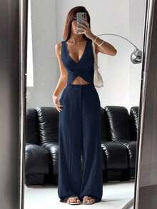Conjunto de traje de mujer con chaleco y pantalones de un solo abotonado en azul marino para otoño/invierno - Azul marino - Ver 3