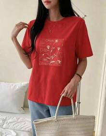 Women's Casual Loose Fit Graphic T-Shirt With Plant Print, New For Spring - Vintage Street Style Unisex Cotton Short Sleeve Crew Neck T-Shirt - 紅色的 - 查看 4