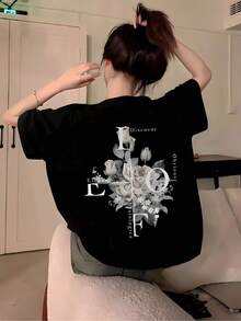 Fashionable And  Design With English Lettering And Floral Print On Both Sides, Short-Sleeved T-Shirt, Casual Top For Women, Urban Style Design, Suitable For Spring, Summer And Autumn - Unisex Cotton Loose Short-Sleeved Round Neck Urban Vintage Style T-Shirt. - 黑色 - 查看 1