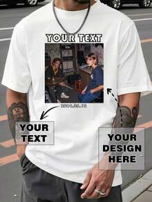 Custom Text/Photo Printed Crew Neck T-Shirt, Personalized T-Shirt For Friends/Couples/Family/Pets, Family Gathering Uniform, Holiday Gift, Wedding Gift, Father's Day Gift, Best Friend Gift, Anniversary Gift, Valentine's Day Gift, Black T-Shirt, Summer Clothes, Summer T-Shirts, Men's T-Shirts, Casual Style, Elegant, Fashionable, Hipster, Simple, Easy Costume, Modest Fashion, Minimalist Chic, Personalized, Unique, Ideal Personalized Gifts For Him, Family, Boyfriend, Friends, For Anniversaries, For Birthdays, For Holidays. - 白色 2 - 查看 5