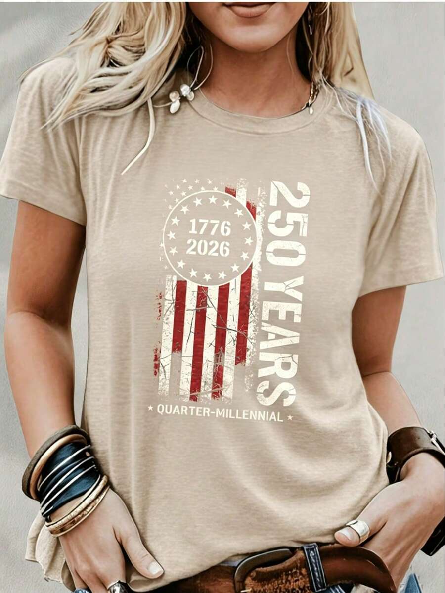 250th Anniversary 1776–2026 Women's T-Shirt, American Flag Cartoon Print, Round Neck Short Sleeve, Casual Loose Fit, Soft Breathable - 杏色 - 查看 1