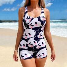 Traje de baño conservador de una pieza con estampado floral para mujer, estilo deportivo, para figuras ligeramente rellenitas, con efecto adelgazante y piernas de corte recto. - panda - Ver 12