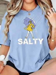 Salty Girl Umbrella Print Round Neck Short Sleeve Tee, 100% Cotton Plus SizeWomenCasual Top, Summer Daily OutdoorStreetwear Graphi Ccute Tees T-Shirt - 天藍色 - 查看 10