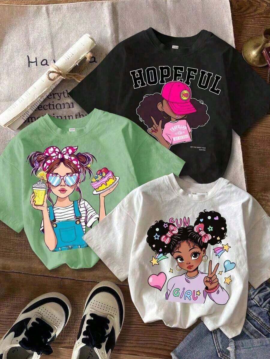 Leap Crew 1 Piece/Set, Girls' Short Sleeve Crew Neck T-Shirts With Cartoon Print, In White, Black And Pink Colors, Suitable For Summer And Back To School Wear, Girls' T-Shirts, Pink T-Shirt, Cute T-Shirts, Clothing For Teenage Girls, Birthday Gift For Girls. - 白色 - 查看 1