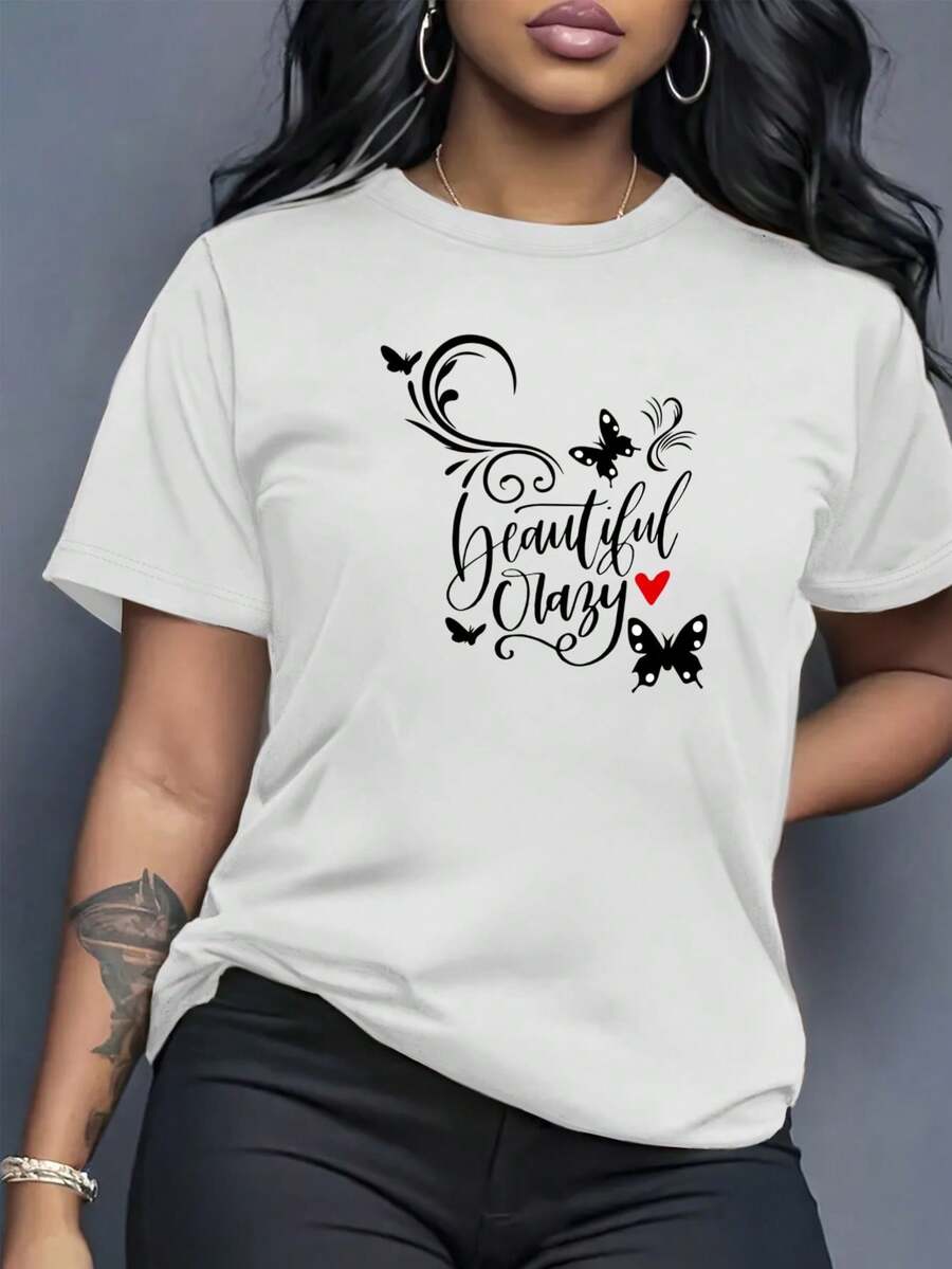 Camiseta minimalista con estampado artístico para mujer, estilo europeo y americano, de alta calidad, con cuello redondo y manga corta, moderna y sencilla, de algodón casual, estilo versátil y relajado para primavera/verano 2026. - Blanco - Ver 1