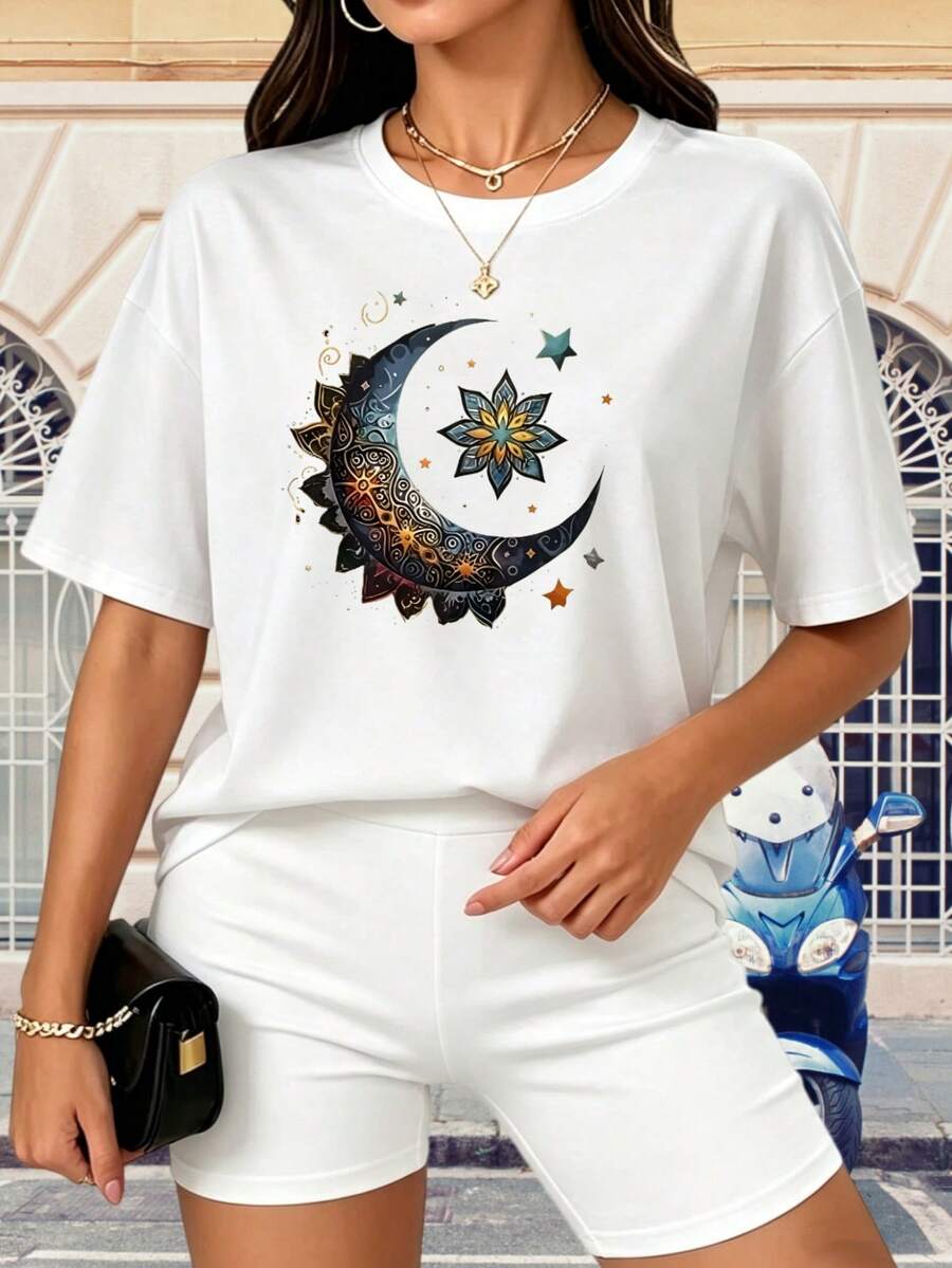 Camiseta de mujer estilo bohemio con estampado de luna y estrellas, 100% transpirable, cuello redondo blanco, casual, fácil de lavar a máquina, ajuste cómodo, regalo de verano para la familia. - Blanco - Ver 1