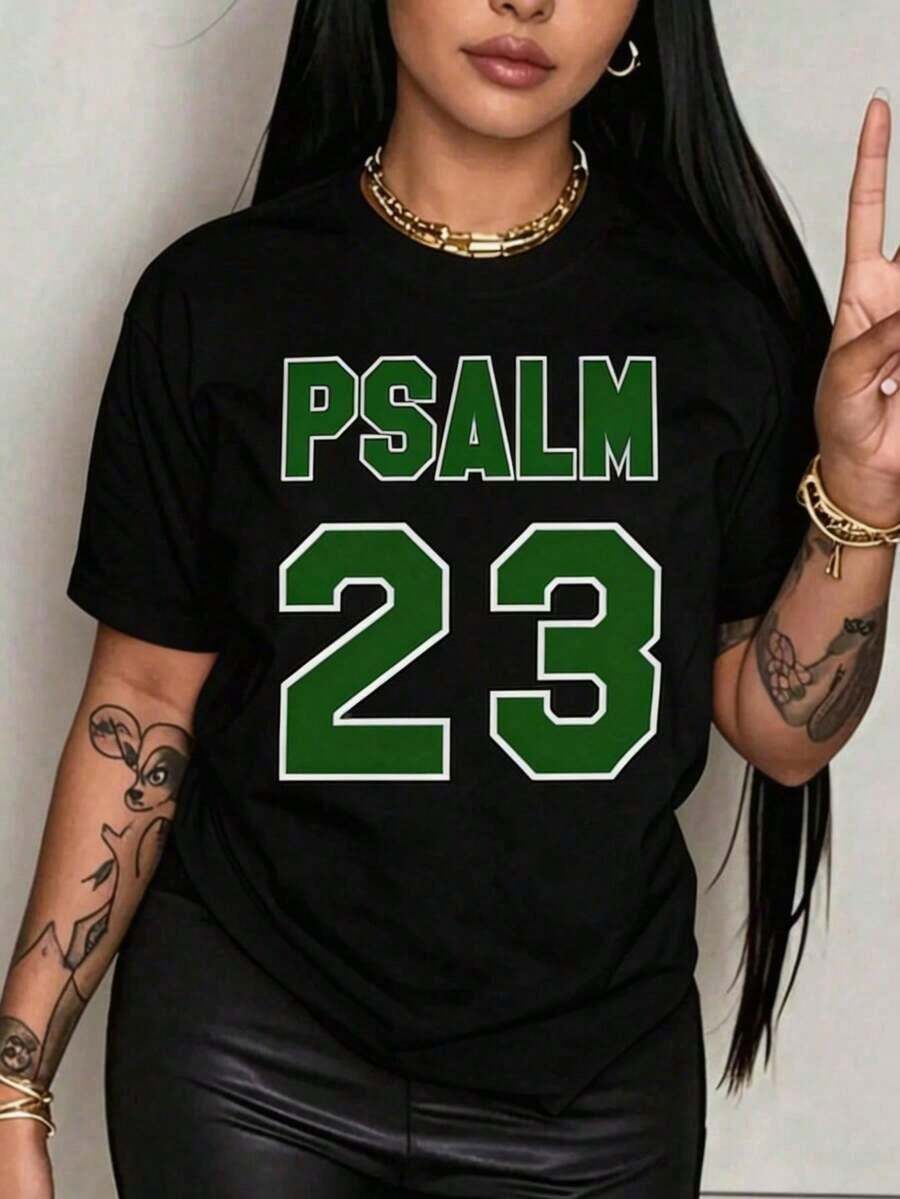 Women's Casual T-Shirt With Christian Graphic Design "Psalm 23", Breathable And Comfortable, Short Sleeve, Round Neck, Bible Verse Print In Green, Soft Cotton, Perfect For Everyday Wear And Faith-Inspired Urban Style - 黑色 - 查看 1