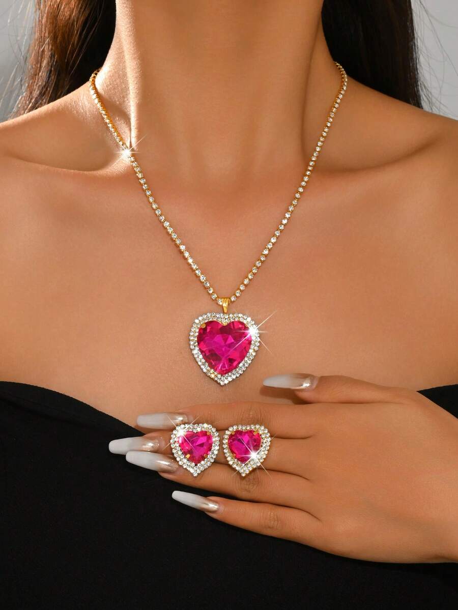 Luxury Red Heart Gemstone Jewelry Set, Versatile Clavicle Chain, Bridal Wedding Dress Accessory - 1808 Rose Red - HB - View 1