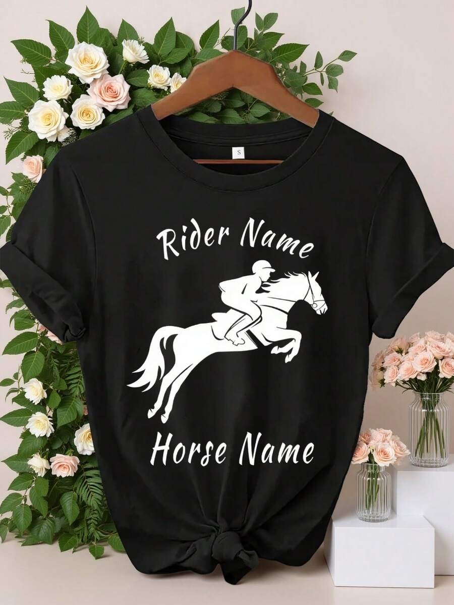 Camiseta con Texto Personalizado para Entusiastas de Caballos, Camisetas Personalizadas, Camisetas con Logotipo Empresarial, Ropa de Equipo, Regalos de Halloween y Camisetas con Tu Texto Personalizado - Negro - Ver 1
