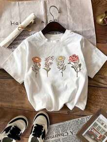 Camiseta con Estampado Gráfico, Manga Corta, Cuello Redondo, Estilo Casual para Verano y Primavera, Ropa de Mujer - Estilo Vintage Urbano, Unisex, Camiseta Holgada de Algodón con Manga Corta y Cuello Redondo - Blanco - Ver 1