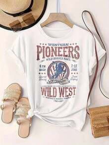 Women's Clothing: Casual T-Shirt With Modern Print, Western Pioneers Wild Horses Race Rodeo Event Style, Suitable For All Seasons

-White Women's Shirts - 白色 - 查看 2