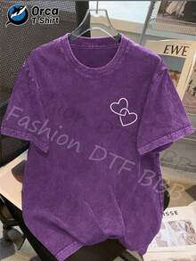1 camiseta con diseño de doble corazón, hecha de algodón lavado de alta calidad, camiseta de la marca Orca, a la moda, adecuada para uso diario, un artículo popular, perfecto para regalar a familiares y amigos en días festivos como Pascua, Día de la Madre y Día de la Independencia. 180g 100% Algodón - Negro - Ver 7