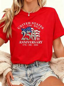 Plus Size T-Shirt Celebrating The 250th Anniversary Of U.S. Independence (1776-2026) With Stars And Stripes - Unisex Loose Fit Casual T-Shirt Suitable For Patriotic People, Historical Themed Clothing With Comfortable Crew Neck (Machine Washable) - 紅色 - 查看 1