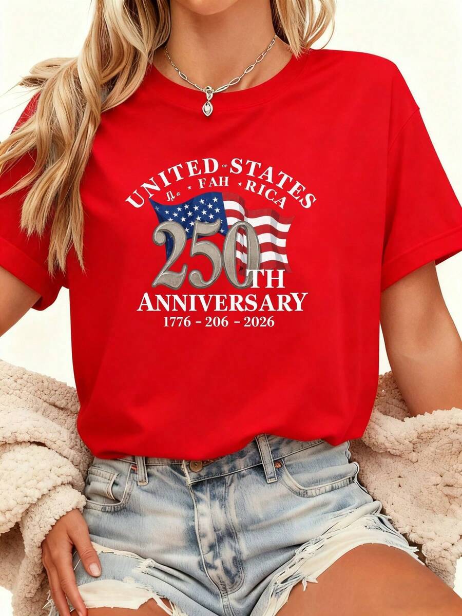 Plus Size T-Shirt Celebrating The 250th Anniversary Of U.S. Independence (1776-2026) With Stars And Stripes - Unisex Loose Fit Casual T-Shirt Suitable For Patriotic People, Historical Themed Clothing With Comfortable Crew Neck (Machine Washable) - 紅色 - 查看 1