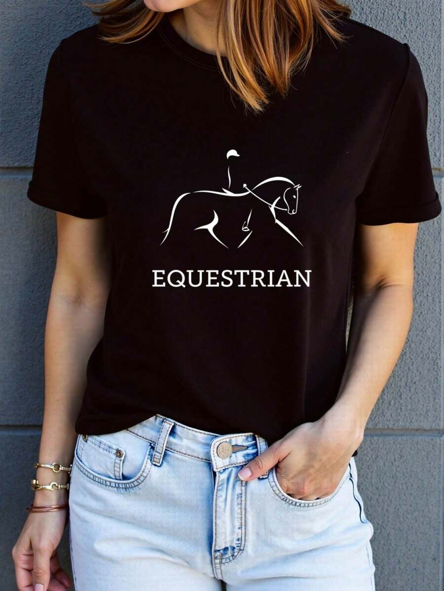 Camiseta de Mujer con Estampado Gráfico de Equitación | Camiseta Casual de Manga Corta y Cuello Redondo para Mujer, Primavera-Verano, para Uso Diario, Ocio, Regalo de Vacaciones, Tops para Salir - Negro - Ver 1