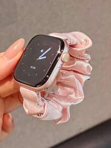 1條甜美粉色緞面水鑽彈性髮圈錶帶，適用於Apple Watch Series 11/10/Ultra/SE/38/40/41/42/44/45/46/49mm，女性閃亮裝飾手環，智慧手錶錶帶配件夏季髮圈帶 - 粉色 - 查看 4