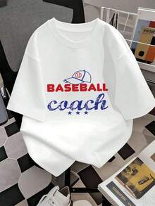 Camia de hombre con estampado gráfico de entrenador de béisbol, 100% algodón, corte holgado, estilo hip-hop urbano, cómoda, estampado artístico. Ideal para regalar. Camisetas para mujer, camisetas para hombre, camisas > Elegantes. Estilo bohemio. Blusas suaves, transpirables y cómodas para mujer, ideales para primavera, verano y otoño, perfectas para vacaciones, viajes y uso diario, y para ver partidos. - Blanco - Ver 2