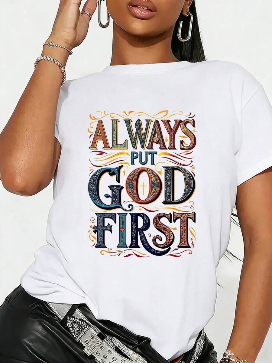 Camiseta de manga corta de estilo religioso con estampado vintage de GOD FIRST, temática de fe, de puro algodón, transpirable, adecuada para el uso diario de devotos, camiseta de verano para mujer, sencilla, elegante, deportiva y casual. - Blanco - Ver 1