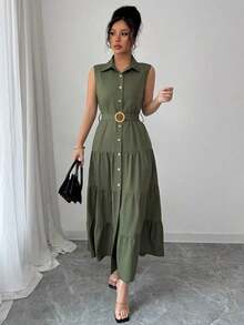 Women's Single-Breasted Sleeveless Shirt Dress With Ruffled Hem In Solid Color - Army Green - View 6