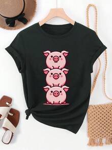 Camiseta de manga corta casual de verano para mujer con diseño de cerdo apilado - Negro - Ver 1