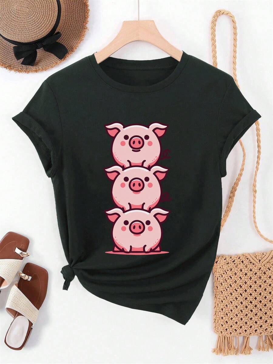 Camiseta de manga corta casual de verano para mujer con diseño de cerdo apilado - Negro - Ver 1
