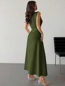 Vestido maxi de línea A con cuello alto, sin mangas, con volantes, elegante y romántico, color blanco, adecuado para citas, uso diario y el trabajo - Verde militar - Ver 3