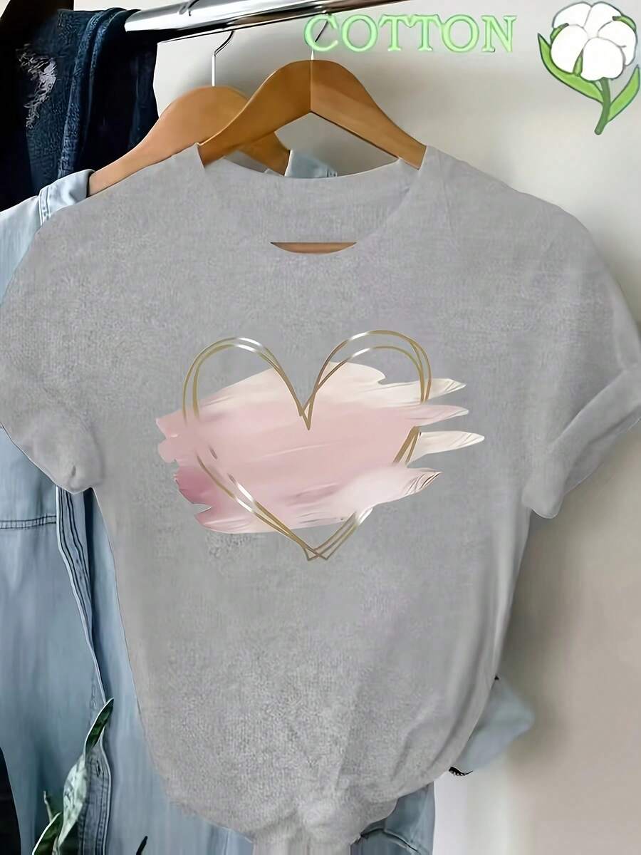 Camiseta negra de mujer, estampado de corazón dorado y patrones geométricos - Top casual de manga corta y cuello redondo, lavable a máquina, ideal para primavera, verano y otoño, camiseta con estampado moderno y detalles de apliques - Gris - Ver 1
