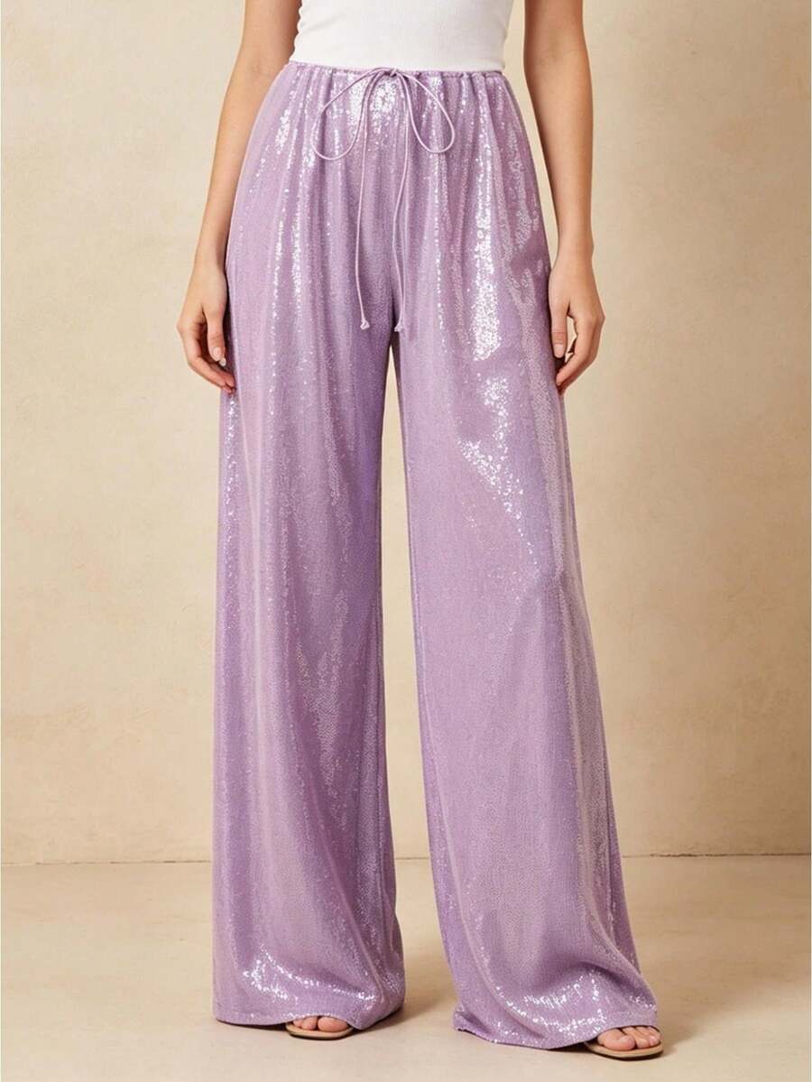 Women's Sparkle Sequin Pants Lightweight Elastic Waist Wide Leg Loose Pants Trousers - Morado - Ver 1