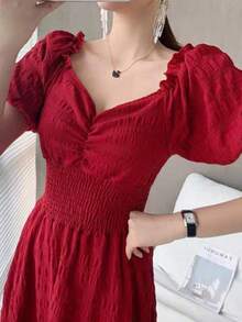 Vestido vintage de estilo francés para mujer, con escote cuadrado rojo, cintura entallada y largo medio. - Burdeos - Ver 5