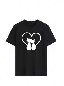 Camiseta de cuello redondo y mangas cortas de ropa fashion, fabricada en México, para la temporada primavera-verano 2025. Con estampado de dibujos animados, es un modelo de pareja, apta para usar tanto por dentro como por fuera, ideal para oficina y estilo casual, diseñada para hombres y mujeres, en unidad individual. - Negro - Ver 2